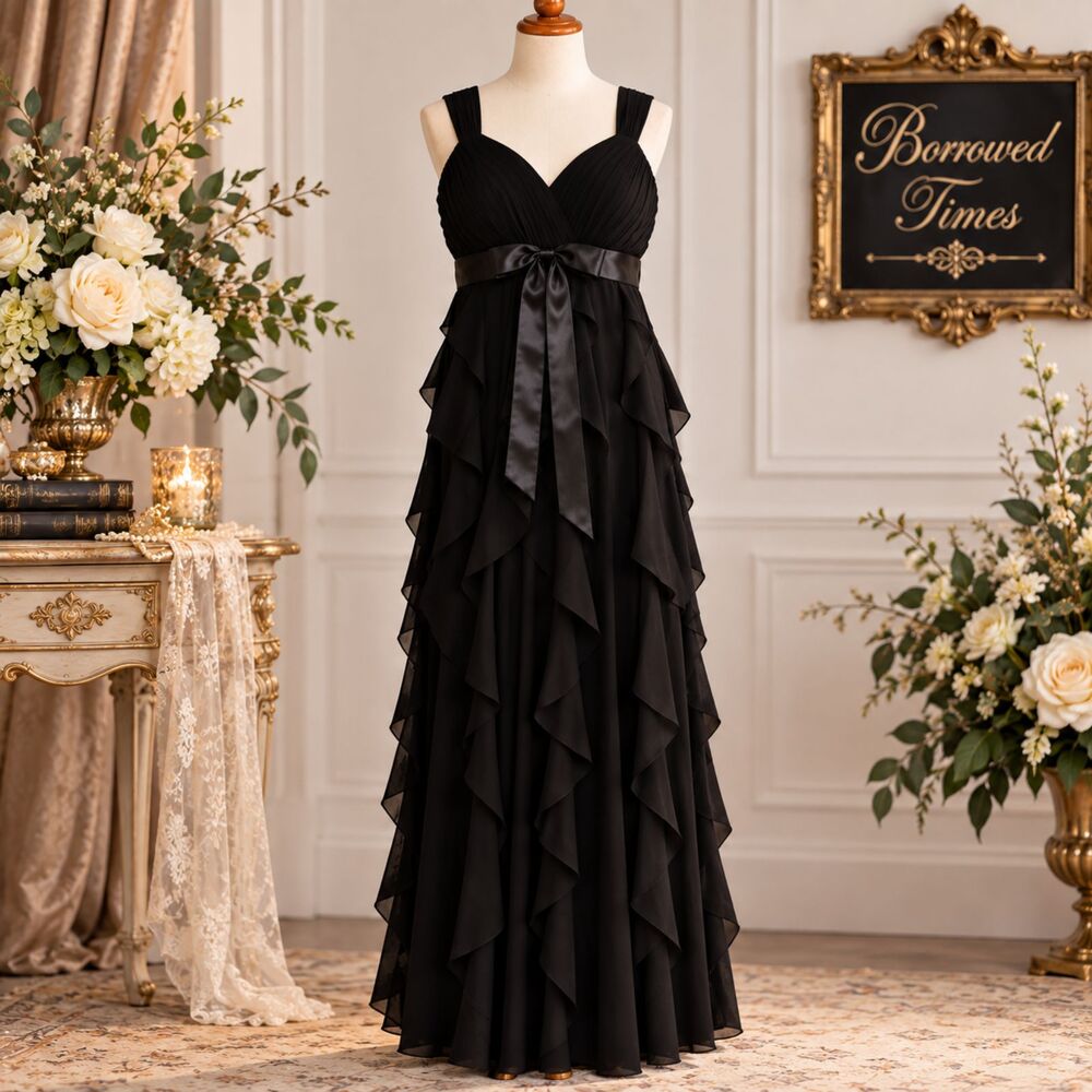 Betsy & Adam Black Ruffled Gown Dress Size 16W Formal Evening Prom Long